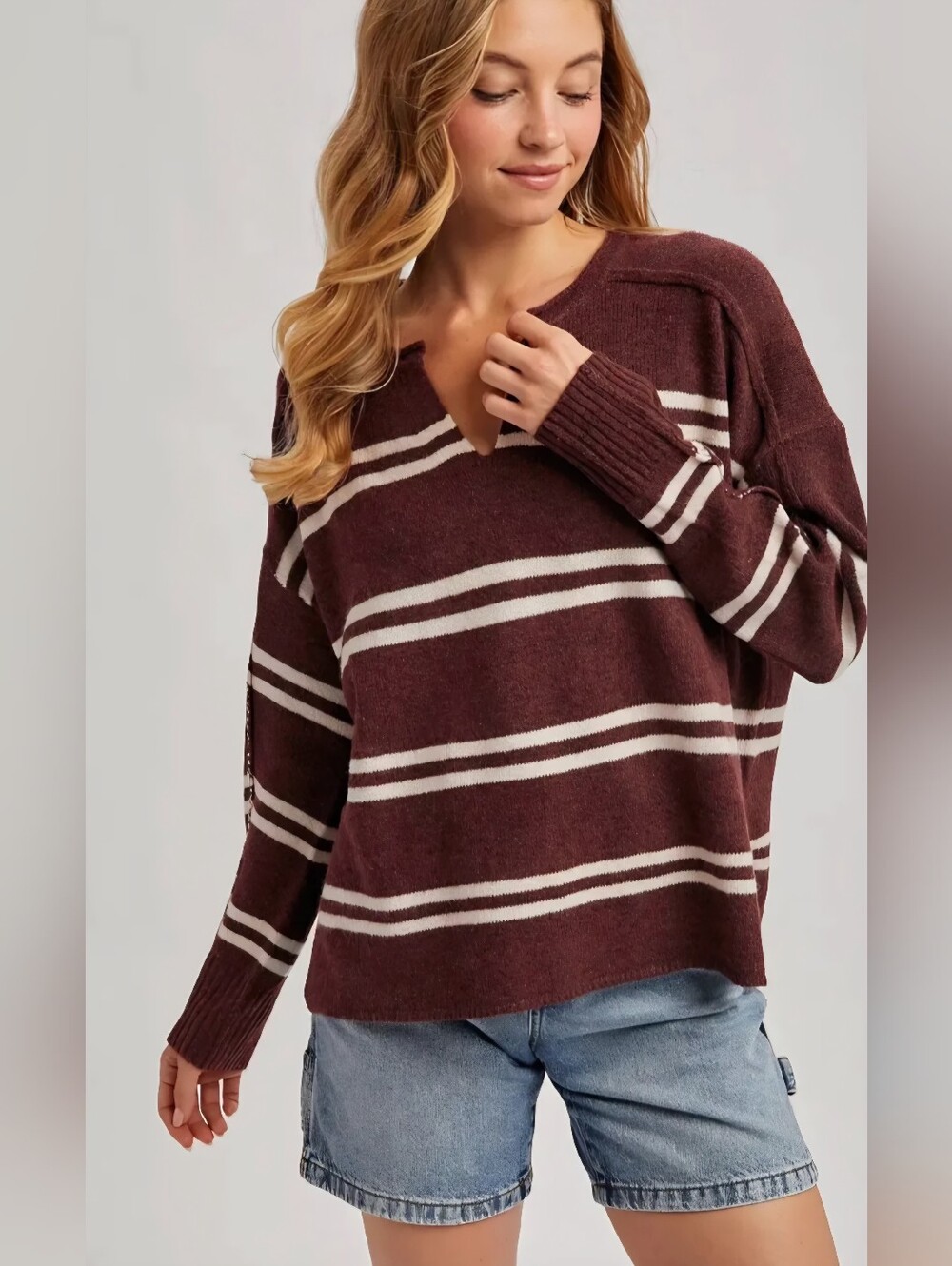 Bluivy Notch-Neck Striped Knit Sweater
